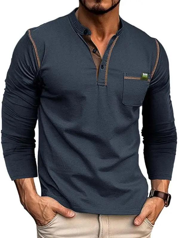 Men's Vibrant Color Block Knit Henley Long Sleeve Tee - MENLL